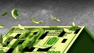Illustration of a hurricane destroying the roof made of a hundred dollar bill 